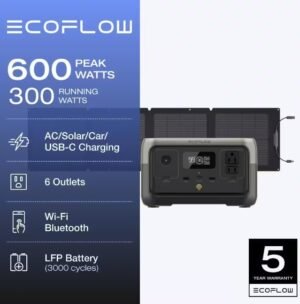 EcoFlow 300W Output/600W Peak Push-Button Start Solar Generator RIVER 2 with 110W Solar Panel for Home Backup Power, Camping, RVs