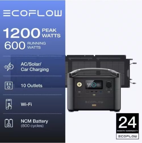 EcoFlow 600W Output/1200W Peak Push-Button Start Solar Generator RIVER Pro with 110W Solar Panels 2 for Home, Camping and RVs