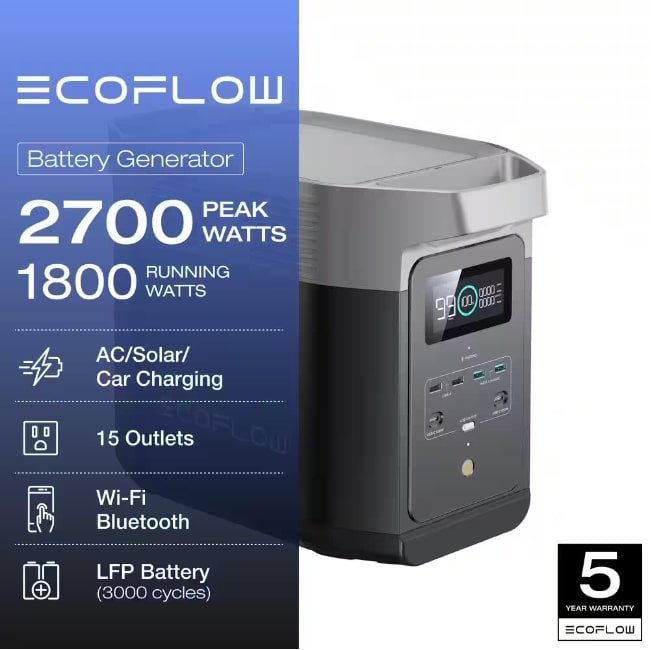 EcoFlow Battery Generator DELTA 2 Solar Generator, 1800W Output, 1024Wh LFP Power Station, Home Backup, Camping, Push-Button Start