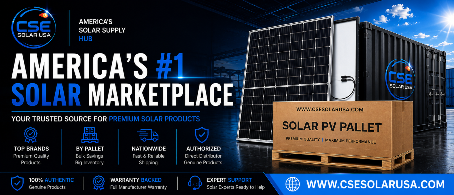 Premium solar panel pallet banner featuring shipping container, commercial solar panels, and CSE Solar USA branding for wholesale solar panel sales and nationwide delivery