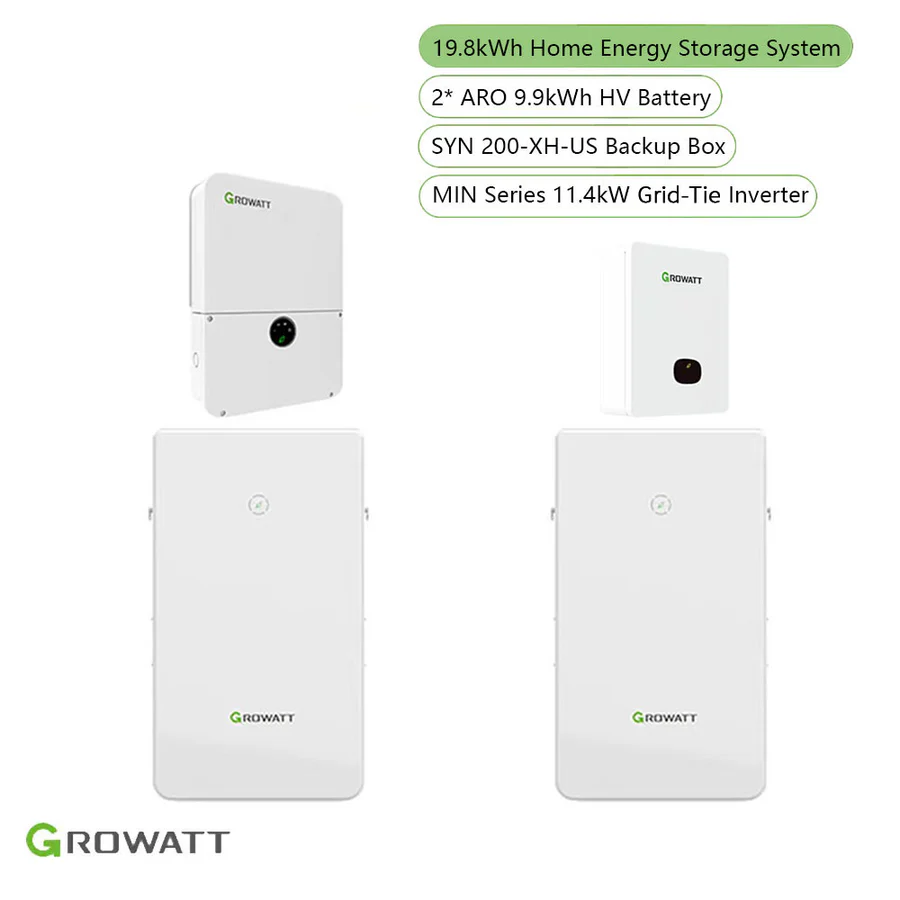 Growatt Home Energy Storage System | MIN 11400TL-XH-US 11.4kW Storage Inverter + ARO 19.8kWh High Voltage Battery + SYN 200-XH (Auto Transfer Switch)