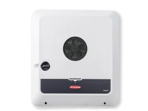 Front view of the Fronius Primo GEN24 208-240 5.0 kW hybrid inverter showing the Fronius logo and the cooling ven