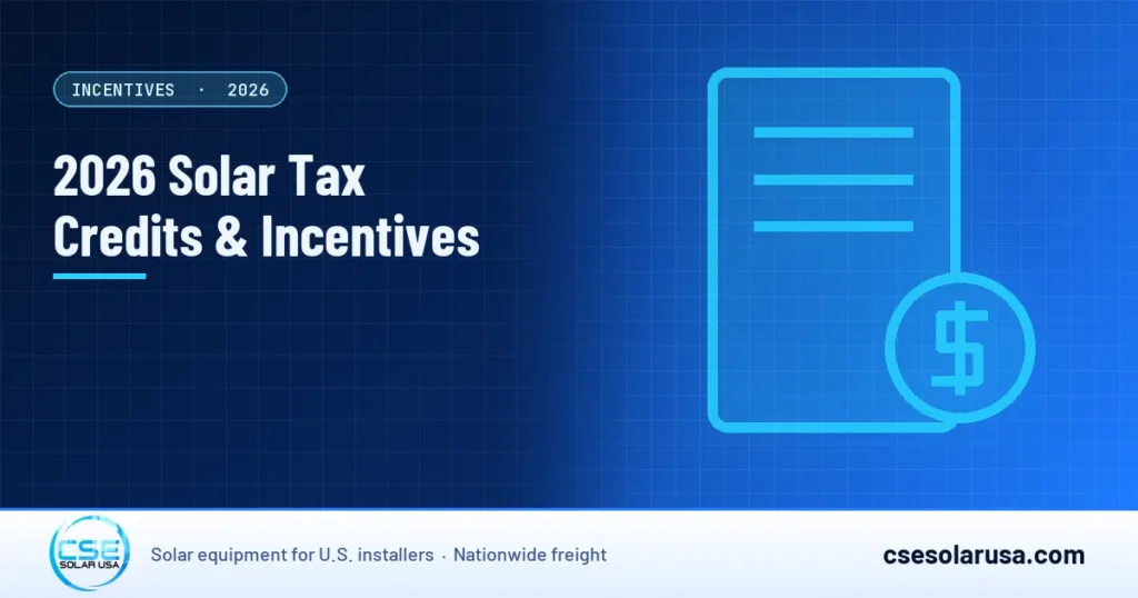 2026 Solar Tax Credits & Incentives — CSE Solar USA blog cover (illustration)