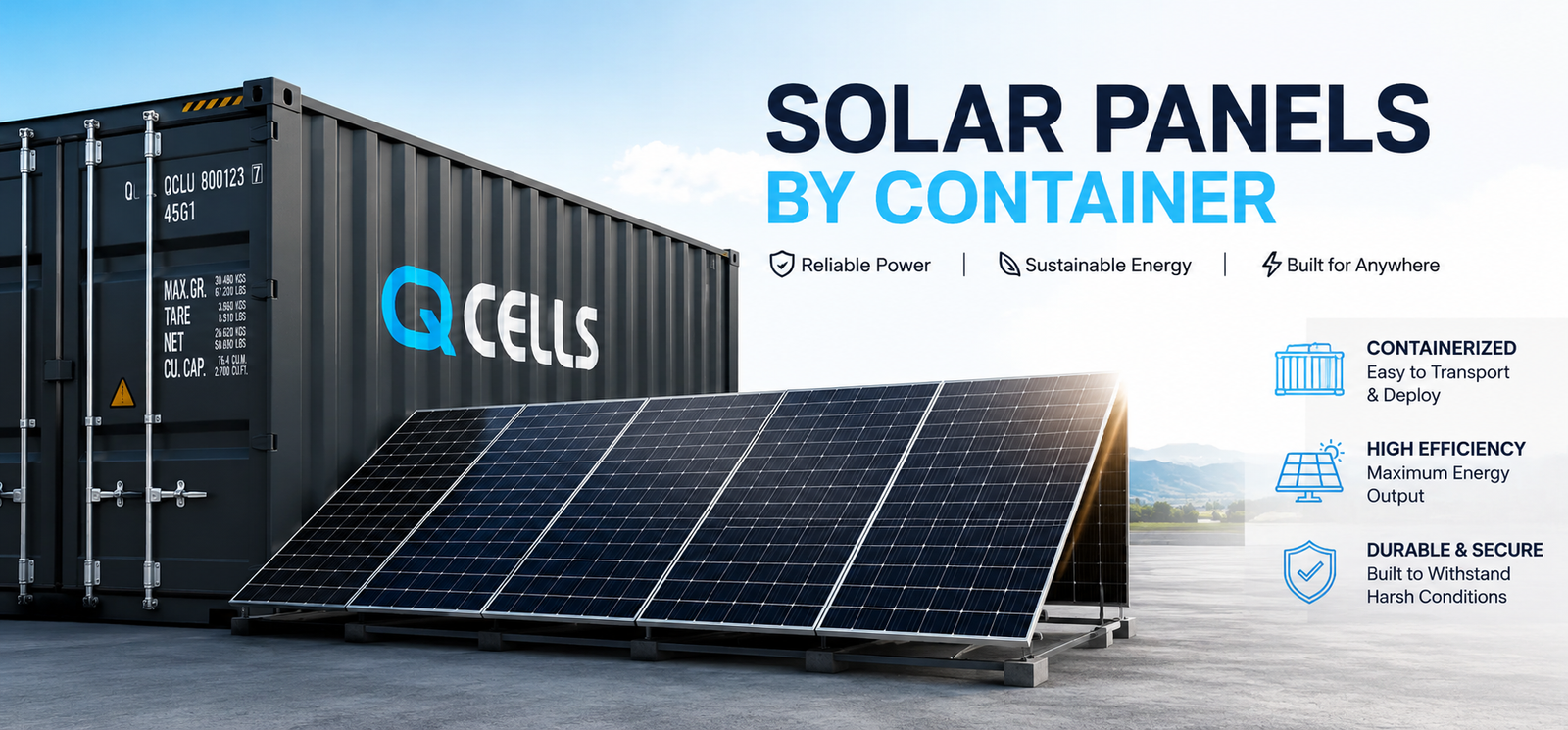 Solar panels by container banner showing black shipping container with Q CELLS branding, ground-mounted solar panels, and clean energy messaging for bulk solar panel supply and commercial solar projects.