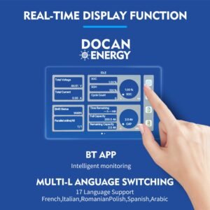 DOCAN ENERGY 48kWh-51.2V-PD touchscreen displaying battery voltage, current, SOC, capacity and cycle information