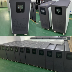 Multiple DOCAN ENERGY ZZ48600M floor-standing battery units with touchscreen displays and caster wheels