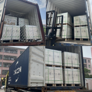 Palletized DOCAN energy storage batteries loaded in shipping containers for freight transport
