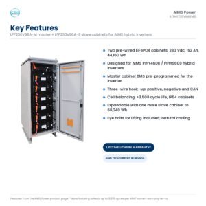 Key features of the AIMS KITHY230VBATMS dual lithium cabinet set: 230 V, 192 Ah, 44160 Wh, pre-wired BMS, expandable