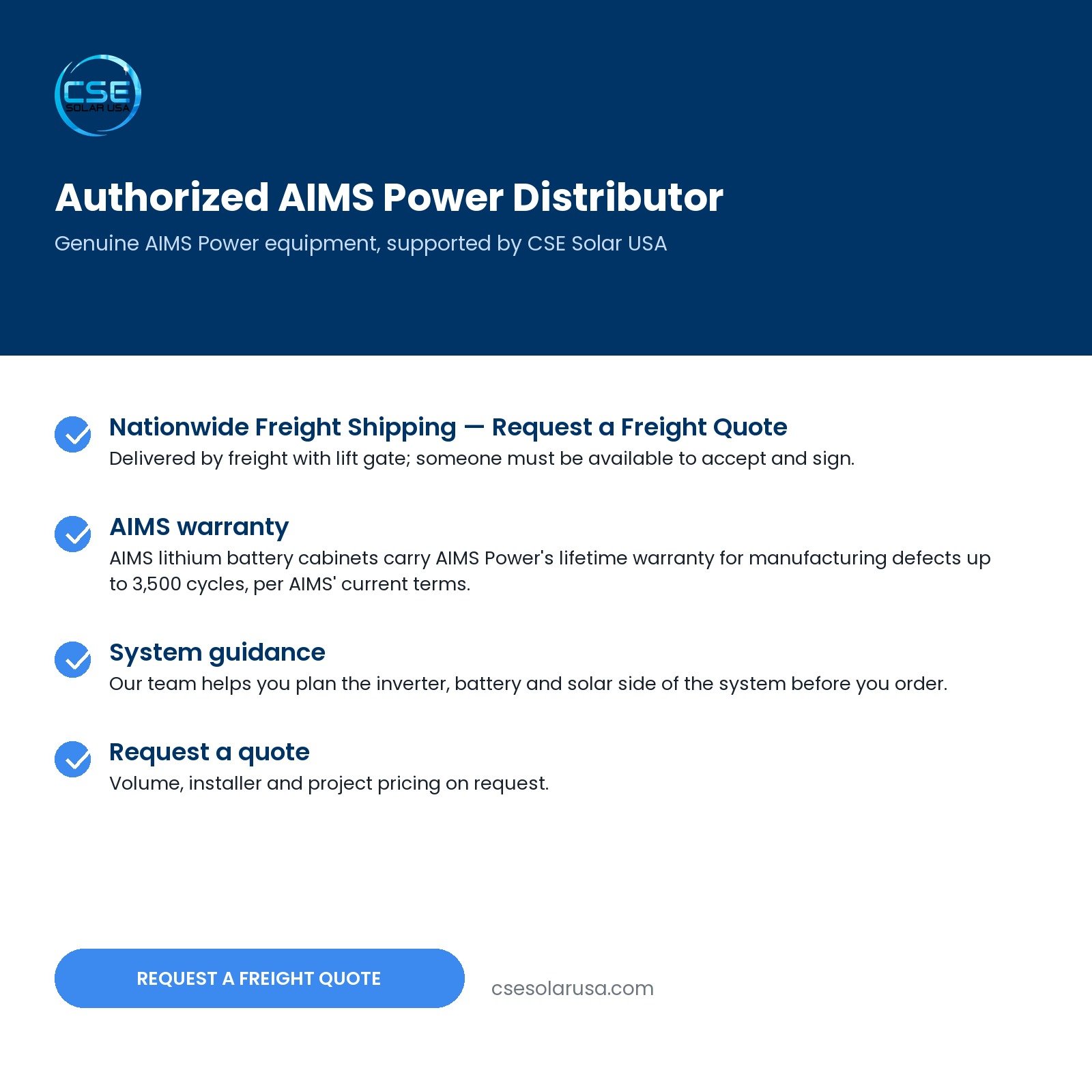 aims-kithy230vbatms-dual-230v-lithium-battery-cabinet-set-44kwh-08-cse-authorized-distributor CSE Solar USA is an authorized AIMS Power distributor: nationwide freight shipping with lift gate, freight quotes, AIMS lithium battery warranty — AIMS KITHY230VBATMS listing