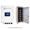 AIMS Power KITHY96230BAT kit: PIHY9600 9.6 kW hybrid inverter charger and LFP230V96A-M 230 V lithium battery cabinet, official product photos on white