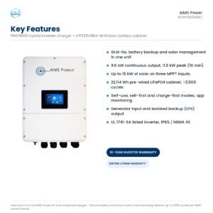 Key features of the AIMS KITHY96230BAT hybrid kit: 9.6 kW output, 15 kW solar input, 22114 Wh lithium cabinet, grid tie and battery backup