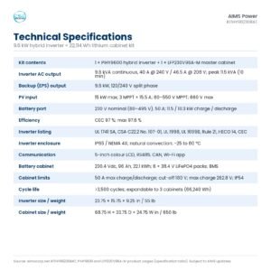 Technical specifications for the AIMS KITHY96230BAT: PIHY9600 9.6 kW hybrid inverter and LFP230V96A-M 22114 Wh lithium battery cabinet