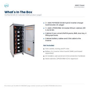 What is included in the AIMS KITHY96230BAT kit: PIHY9600 hybrid inverter and LFP230V96A-M lithium battery cabinet; solar panels and fuse kit sold separately