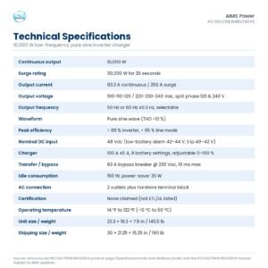 Technical specifications table for the AIMS PICOGLF10KW48V240VS 10,000 W low-frequency pure sine inverter charger