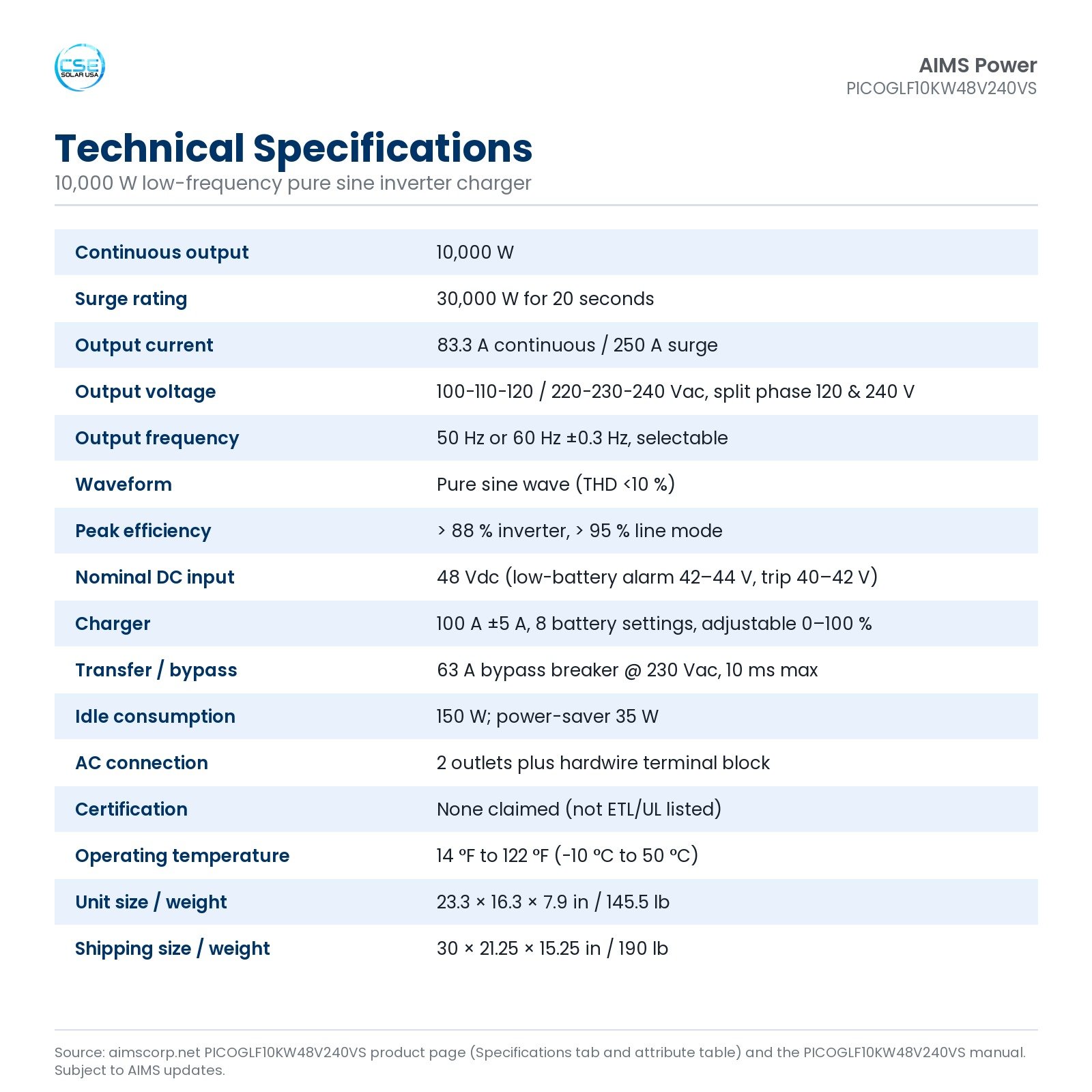 aims-picoglf10kw48v240vs-10000w-48v-split-phase-inverter-charger-03-specifications Technical specifications table for the AIMS PICOGLF10KW48V240VS 10,000 W low-frequency pure sine inverter charger