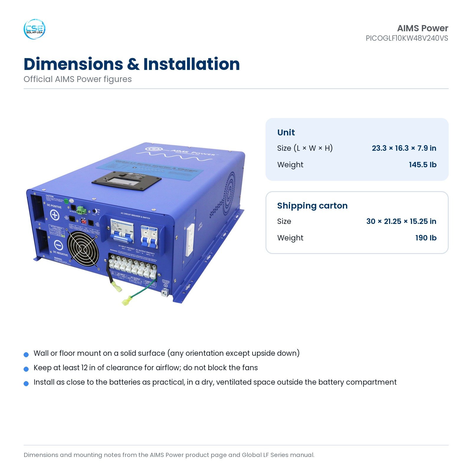 aims-picoglf10kw48v240vs-10000w-48v-split-phase-inverter-charger-07-dimensions Dimensions of the AIMS PICOGLF10KW48V240VS inverter charger: 23.3 × 16.3 × 7.9 in / 145.5 lb; shipping carton 30 × 21.25 × 15.25 in / 190 lb