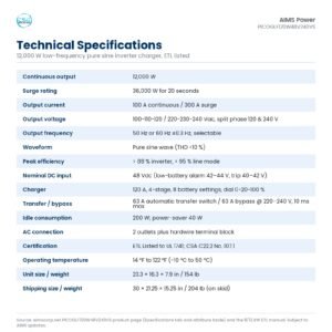 Technical specifications table for the AIMS PICOGLF120W48V240VS 12,000 W low-frequency pure sine inverter charger, ETL listed