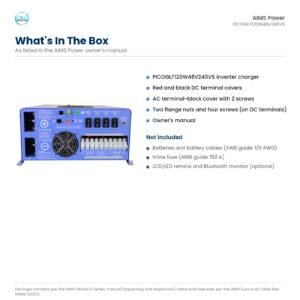 What is included with the AIMS PICOGLF120W48V240VS: inverter charger, DC terminal covers, AC terminal cover, hardware and manual; batteries, cables and fuse sold separately