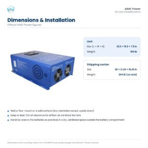 Dimensions of the AIMS PICOGLF120W48V240VS inverter charger: 23.3 × 16.3 × 7.9 in / 154 lb; shipping carton 30 × 21.25 × 15.25 in / 204 lb (on skid)