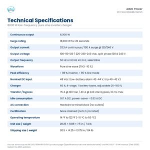 Technical specifications table for the AIMS PICOGLF60W48V240VS 6000 W low-frequency pure sine inverter charger