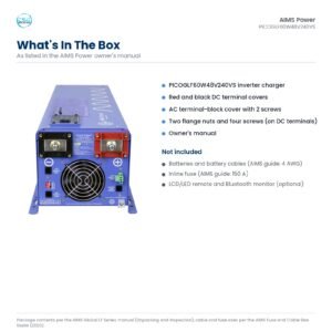 What is included with the AIMS PICOGLF60W48V240VS: inverter charger, DC terminal covers, AC terminal cover, hardware and manual; batteries, cables and fuse sold separately