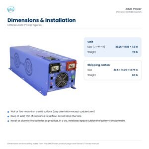 Dimensions of the AIMS PICOGLF60W48V240VS inverter charger: 28.25 × 8.88 × 7.5 in / 74 lb; shipping carton 30.5 × 14.25 × 13.75 in / 84 lb