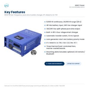 Key features of the AIMS PICOGLF80W48V240VS: 8,000 W continuous, 24,000 W surge, 48 Vdc input, 120/240 Vac split phase output, 80 A charger, transfer switch