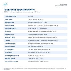 Technical specifications table for the AIMS PICOGLF80W48V240VS 8000 W low-frequency pure sine inverter charger, ETL listed
