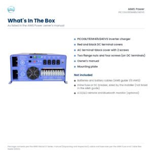 What is included with the AIMS PICOGLF80W48V240VS: inverter charger, DC terminal covers, AC terminal cover, hardware and manual; batteries, cables and fuse sold separately