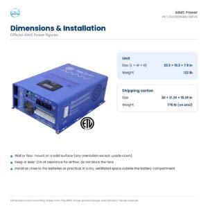 Dimensions of the AIMS PICOGLF80W48V240VS inverter charger: 23.3 × 16.3 × 7.9 in / 132 lb; shipping carton 30 × 21.25 × 15.25 in / 176 lb (on skid)