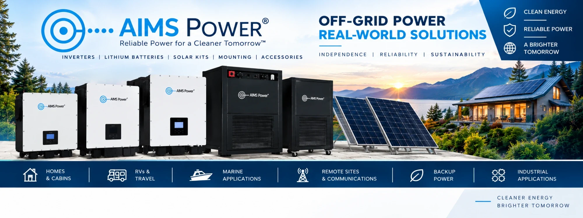 AIMS Power off-grid power solutions: inverter chargers, hybrid inverters, lithium battery cabinets and solar mounting from CSE Solar USA, authorized AIMS Power distributor