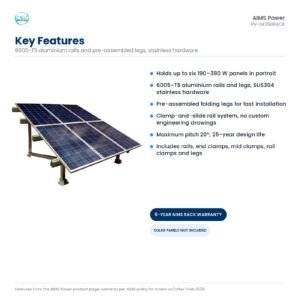 Key features of the AIMS PV-6X250RACK ground mount: six 190 to 380 W panels, aluminium and stainless construction, pre-assembled legs, 20 degree pitch