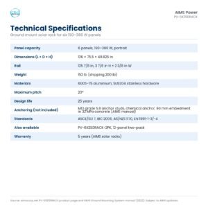 Technical specifications for the AIMS PV-6X250RACK ground mount solar rack: 126 by 75.5 by 48.6 inches, 152 lb, six panels, 20 degree pitch