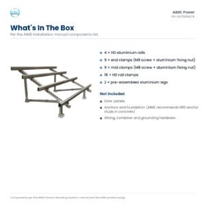 What is included with the AIMS PV-6X250RACK: four rails, end clamps, mid clamps, rail clamps and two pre-assembled legs; solar panels and anchors not included