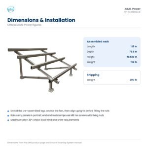 Dimensions of the AIMS PV-6X250RACK ground mount: 126 by 75.5 by 48.6 inches, 152 lb, 200 lb shipping
