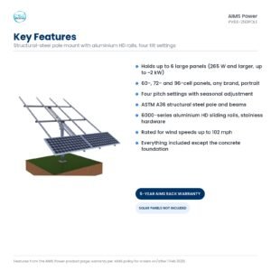 Key features of the AIMS PV6X-250POLE pole mount: six panels, four tilt settings, ASTM A36 steel, aluminium rails, 102 mph wind rating