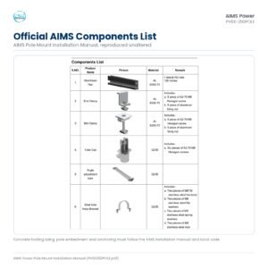 Official AIMS component list and layout for the PV6X-250POLE single pole solar mount