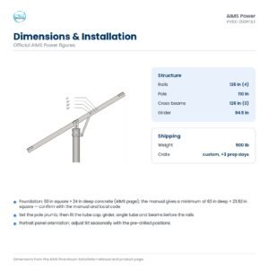 Dimensions of the AIMS PV6X-250POLE: 126 inch rails, 110 inch pole, 94.5 inch girder, 500 lb shipping weight