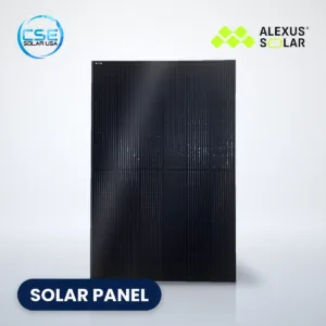 Alexus ALEX-B-54-S full-black solar panel, with CSE Solar USA and Alexus Solar logos