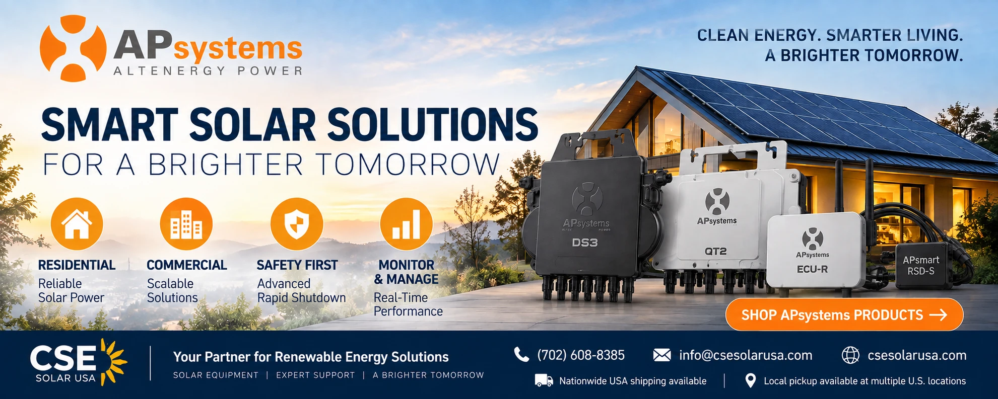 APsystems DS3 and QT2 microinverters, ECU-R gateway and APsmart rapid shutdown equipment at CSE Solar USA