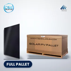 Aptos DNA-120-BF10 all-black solar panel beside a full pallet carton, with CSE Solar USA and Aptos Solar logos