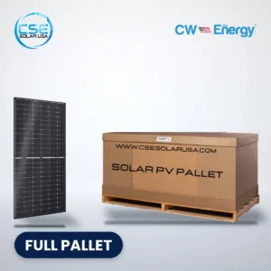 CW Energy CWT545-144PMB10 black-frame solar panel beside a full pallet carton, with CSE Solar USA and CW Energy logos