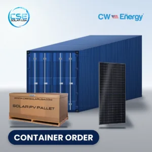 CW Energy CWT595-144TNB10 bifacial solar panel with pallet and shipping container, container order, with CSE Solar USA and CW Energy logos