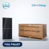 CW Energy CWT595-144TNB10 bifacial solar panel beside a full pallet carton, with CSE Solar USA and CW Energy logos