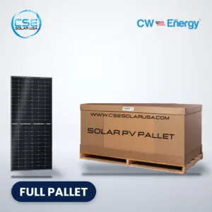 CW Energy CWT595-144TNB10 bifacial solar panel beside a full pallet carton, with CSE Solar USA and CW Energy logos