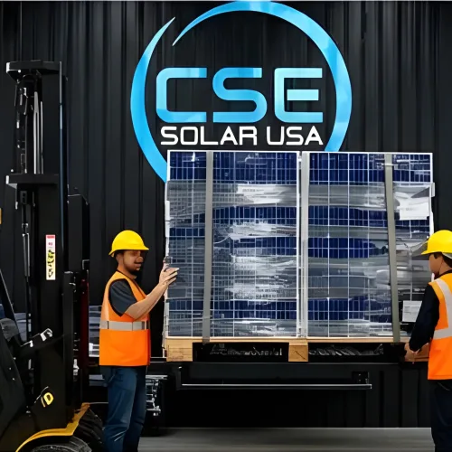 Solar panels by pallet banner featuring bulk palletized solar panels, commercial solar inventory, and top solar panel brands for wholesale, contractors, installers, and large-scale solar projects