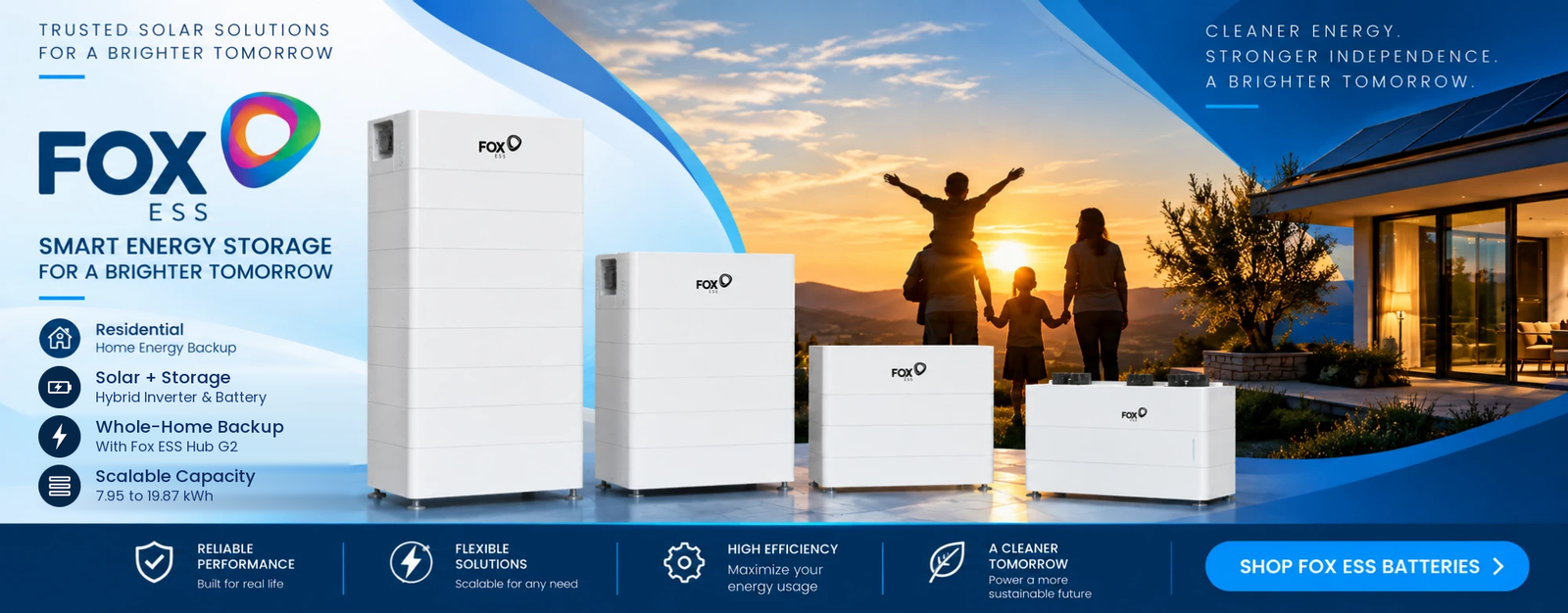 Fox ESS smart energy storage at CSE Solar USA: residential home energy backup, solar plus storage, whole-home backup with Hub G2, scalable 7.95 to 19.87 kWh