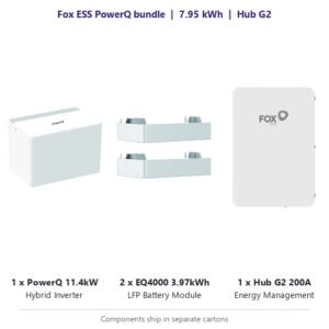 Fox ESS PowerQ bundle contents: one 11.4kW hybrid inverter, two EQ4000 battery modules and one Hub G2 200A energy management system