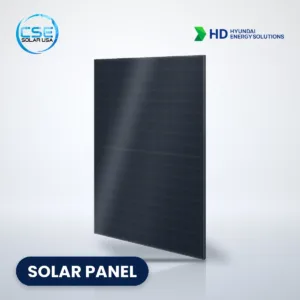 Hyundai HiN-T NF(BK) N-type all-black solar panel with CSE Solar USA and HD Hyundai Energy Solutions logos