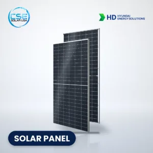Hyundai HiN-T NI series N-type solar module, front and back view, with CSE Solar USA and HD Hyundai Energy Solutions logos